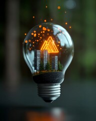 Poster - Light Bulb with Cityscape and Nature Elements Symbolizing Innovation and Sustainable Urban Development