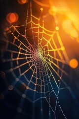 Wall Mural - Beautiful spider web in wild field with dew in morning in Spring.