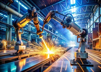 Poster - Industrial Robots Welding Sparks Conveyor Belt Modern Factory Automation Manufacturing