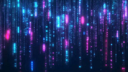Poster - Abstract futuristic background featuring glowing neon binary code and holographic digital data flowing down on a dark blue background, creating a cyber technology concept. This matrix rain effect with