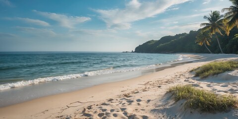 Canvas Print - Serene tropical beach scene with gentle waves and palm trees ideal for nature vacation themes and text overlay space.