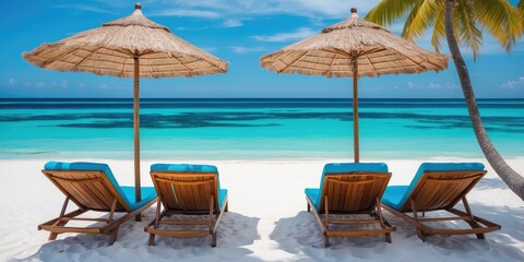 Poster - tropical beach scene with sunbeds and umbrellas overlooking turquoise ocean and clear blue sky ideal