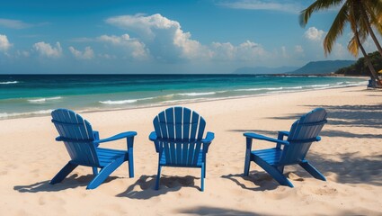 Canvas Print - Relaxing Blue Chairs on a Tranquil Sandy Beach Overlooking the Sea Perfect for Summer Vacation and Tropical Getaway Enjoyment