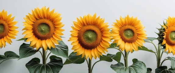 Poster - Vibrant Sunflowers Displayed in a Row against a Clean White Background for Nature and Floral Themes
