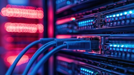 Poster - Close-Up View of Server Connections in a Data Center with Illuminated Cables and Network Equipment
