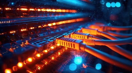 Poster - Vibrant Data Center Network Cables with Illuminated Lights and Colors Highlighting IT Infrastructure in a Modern Digital Environment