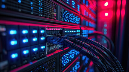 Poster - High-Tech Data Center Networking Equipment with Bright Lights and Cables in a Modern IT Infrastructure Environment