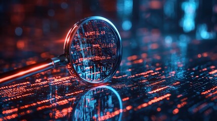 Fototapete - Magnifying Glass Over Digital Data Center Network with Binary Code Reflecting in High-Tech Environment