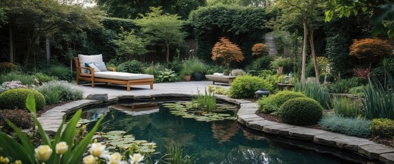 Poster - Serene Garden Oasis Featuring Tranquil Pond and Comfortable Lounge Area with Space for Creative Text Overlay