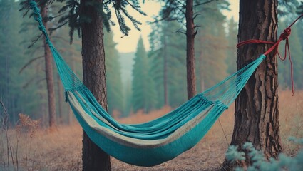 Poster - serene blue-green hammock suspended between spruce trees in tranquil forest with space for textual o