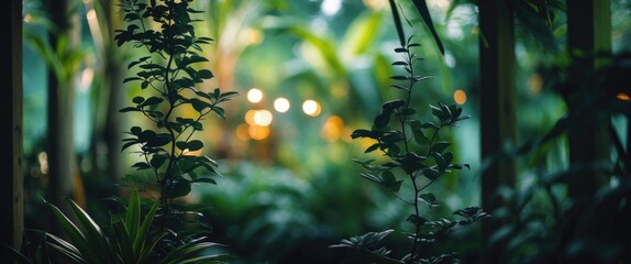 Poster - silhouetted tropical plants under soft natural light in botanical garden with blurred green backgrou