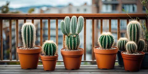 Wall Mural - Cactus Collection in Terracotta Pots on a Wooden Balcony with Soft Background and Empty Space for Creative Text Overlay