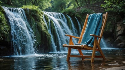 Poster - relaxing chair beside tranquil waterfall in lush greenery with soft blue blanket for ideal outdoor s