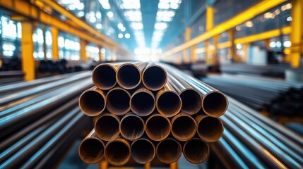 Poster - industrial view of stacked copper and steel pipes with bright lighting in a manufacturing facility