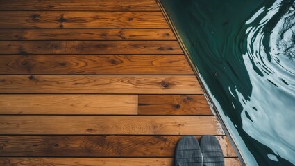 Poster - wooden dock edge with calm water reflection and space for text overlay