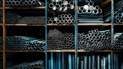 Poster - copper and steel metal pipes in industrial storage rack for technology and manufacturing application