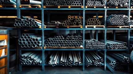 Aufkleber - Diverse Selection of Copper and Steel Pipes Displayed on Industrial Storage Racks in a Metalworking Facility
