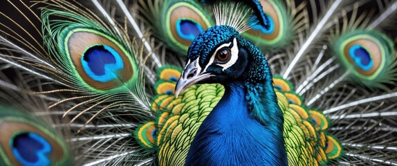 Poster - Vibrant closeup of a peacock showcasing its stunning blue and green feathers with intricate details and vibrant eye patterns in natural light