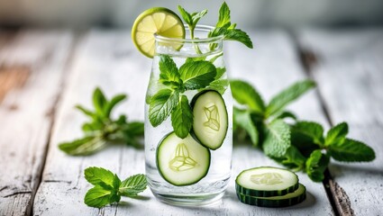Poster - Refreshing Detox Water with Cucumber, Lime, and Mint in a Glass with Fresh Herbs on Rustic White Wood Background