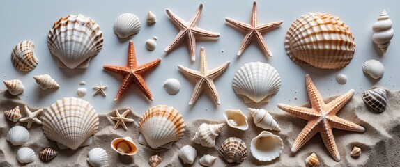 Poster - Seashells and Starfish Arrangement on Sand Displayed on a White Background for Coastal and Beach-themed Decoration or Branding