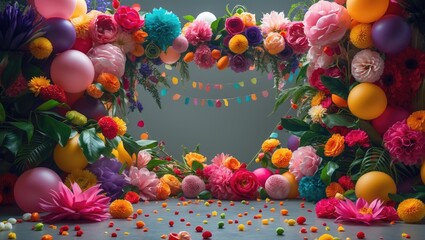 Wall Mural - Vibrant Floral and Balloon Decorations Creating a Festive Photo Frame with Generous Empty Space for Text and Personalization