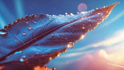 Poster - dewdrops glimmering on a large leaf with soft sunlight and vibrant background colors