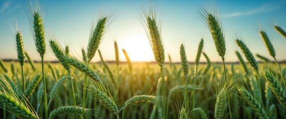 Wall Mural - Ripening Green Wheat Ears Under Bright Sky at Sunrise in Expansive Agricultural Field