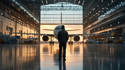 Poster - Engineer in Hangar Observing Aircraft at Sunset, Preparing for Maintenance and Inspection, Showcasing Aviation Environment and Professionalism