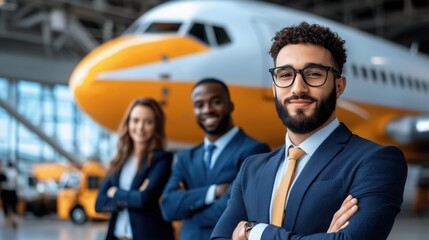 Poster - Professional Team of Aviation Engineers Standing in Front of an Aircraft in a Modern Hangar, Showcasing Their Expertise and Dedication to Aviation Industry