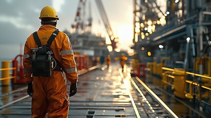 Poster - worker in safety gear stands on oil rig deck at sunset, highlighting engineering and technology in t