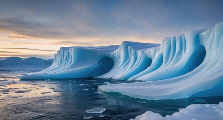 Wall Mural - majestic ice formations on frozen landscape with blue waves and serene sunset during arctic expediti