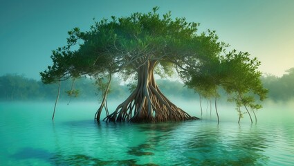 Poster - Majestic Mangrove Tree Reflected in Serene Shallow Lagoon with Tranquil Atmosphere and Clear Space for Text Overlay