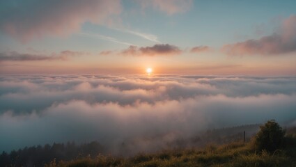 Poster - Serene Landscape Above Clouds at Sunrise with Soft Fog and Gentle Sunrise Colors in the Sky