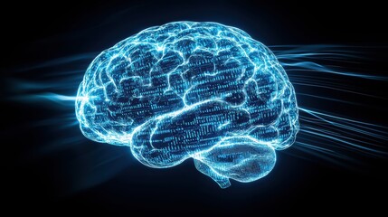 Poster - A glowing, digital brain illustration with flowing data streams against a dark background, symbolizing technology and neuroscience.