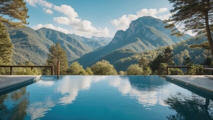 Canvas Print - Tranquil Pool with Mountain View and Scenic Nature Landscape Ideal for Relaxation and Wellness Promotions