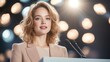 © NanisHappy - A poised individual speaks at a podium, illuminated by bright stage lights, conveying confidence in a formal setting.