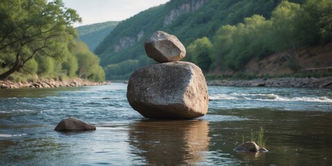 Poster - Balanced Stones in Tranquil River Setting with Lush Greenery and Clear Water Ideal for Relaxation and Nature Themes