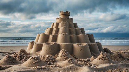 Poster - sand castle on the beach under a cloudy sky with empty space for text and creative design elements