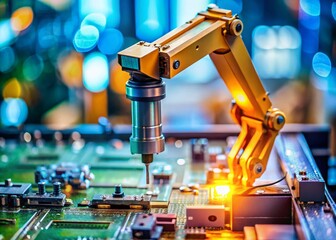 Poster - Miniature Robotic Arm Repairing Circuit Board in Factory - Tilt-Shift Photography