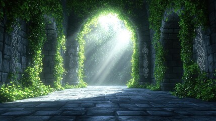 Poster - A serene, illuminated stone passageway adorned with vibrant green vines, creating a tranquil atmosphere filled with soft light.