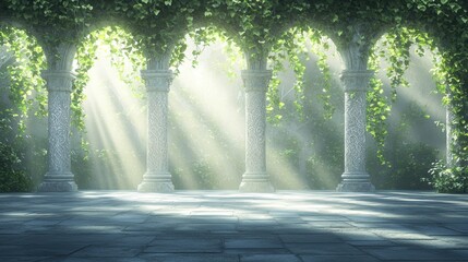 Poster - A serene, sunlit garden with stone columns entwined in lush greenery, creating a tranquil atmosphere filled with soft, radiant light.