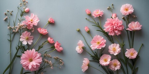 Canvas Print - Delicate Arrangement of Pink Flowers on Soft Blue Background with Space for Custom Text and Greetings