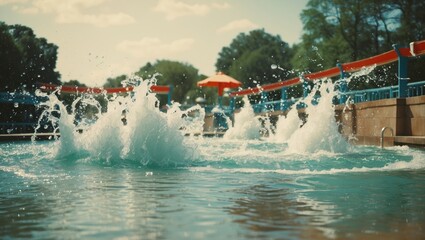 Poster - Vibrant Water Splashing in Pool Scene with Open Space for Text and Relaxing Outdoor Atmosphere