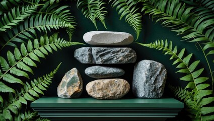 Wall Mural - Stones and Green Fern Leaves Displayed Together for Natural Product Presentation on a Simple Green Background with Textured Elements.