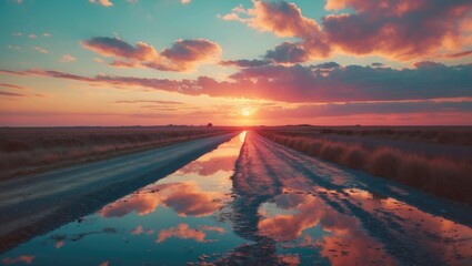 Canvas Print - Tranquil Sunset Over Dirt Road with Water Reflection and Open Space for Text in Vibrant Sky Colors