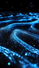 Poster - Abstract digital landscape with glowing blue particles and wave patterns