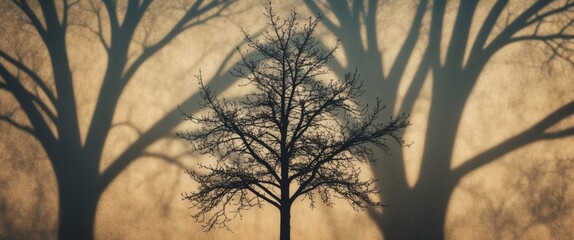 Poster - Isolated tree silhouette casting intricate shadows on a textured background representing nature and environmental themes.
