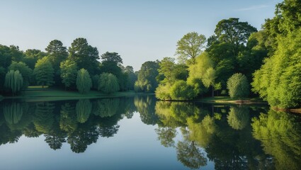 Poster - serene lake surrounded by lush greenery with perfect reflections of trees under a clear sky creating
