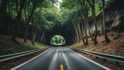 Poster - scenic tree-lined road through tunnel of forest canopy with space for text overlay