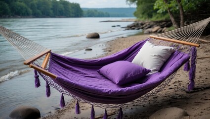 Poster - serene violet hammock resting on tranquil river beach surrounded by nature and soft pillows for rela